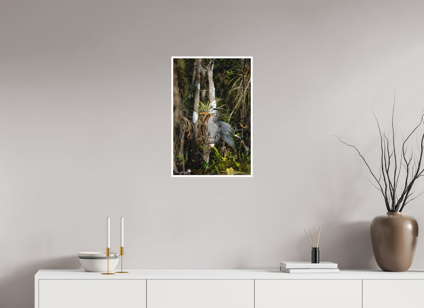 Great blue heron in the swamp