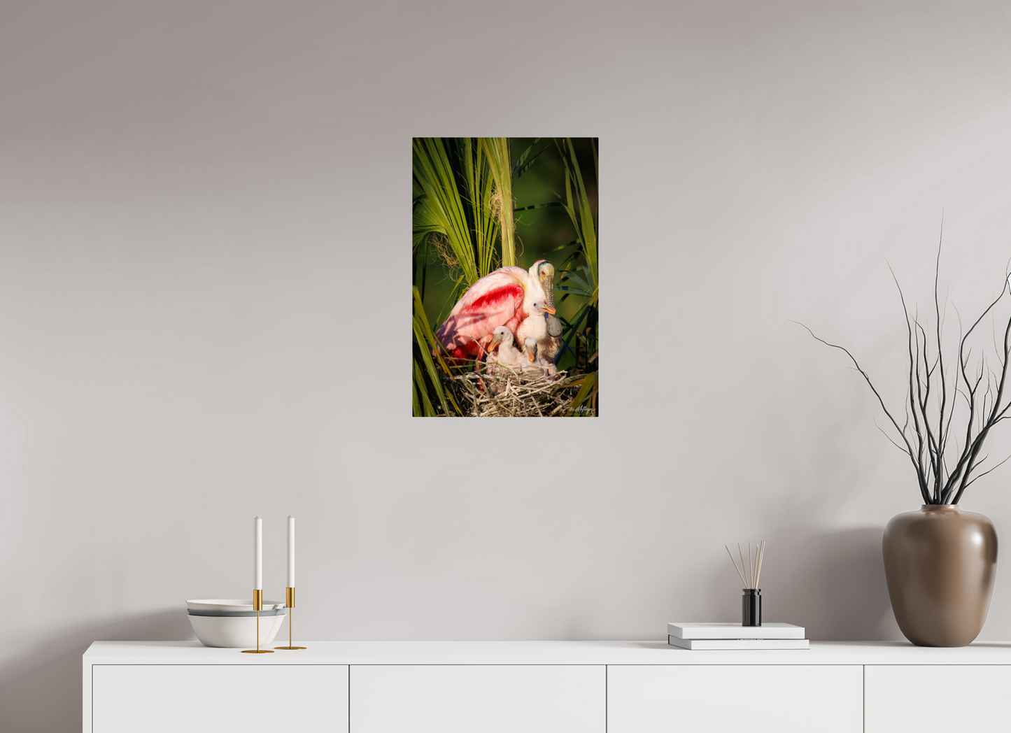 16 x 24″, Metal "Golden Hour Nest" - Spoonbills