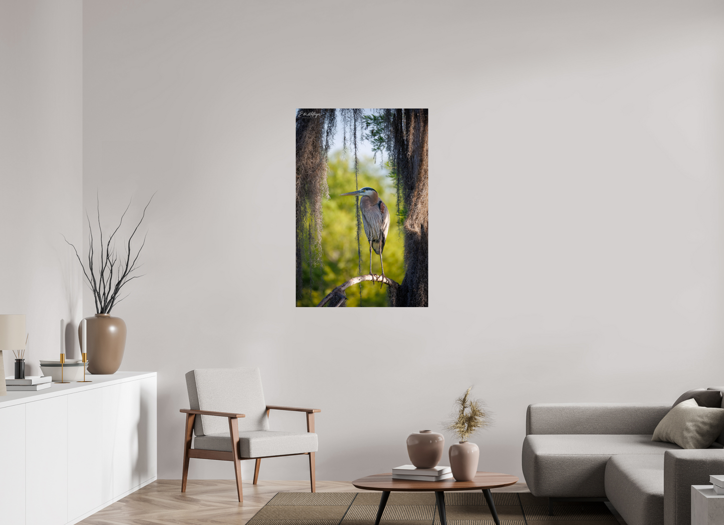 30 x 45″, Metal "Framed by the Moss" - Great Blue Heron