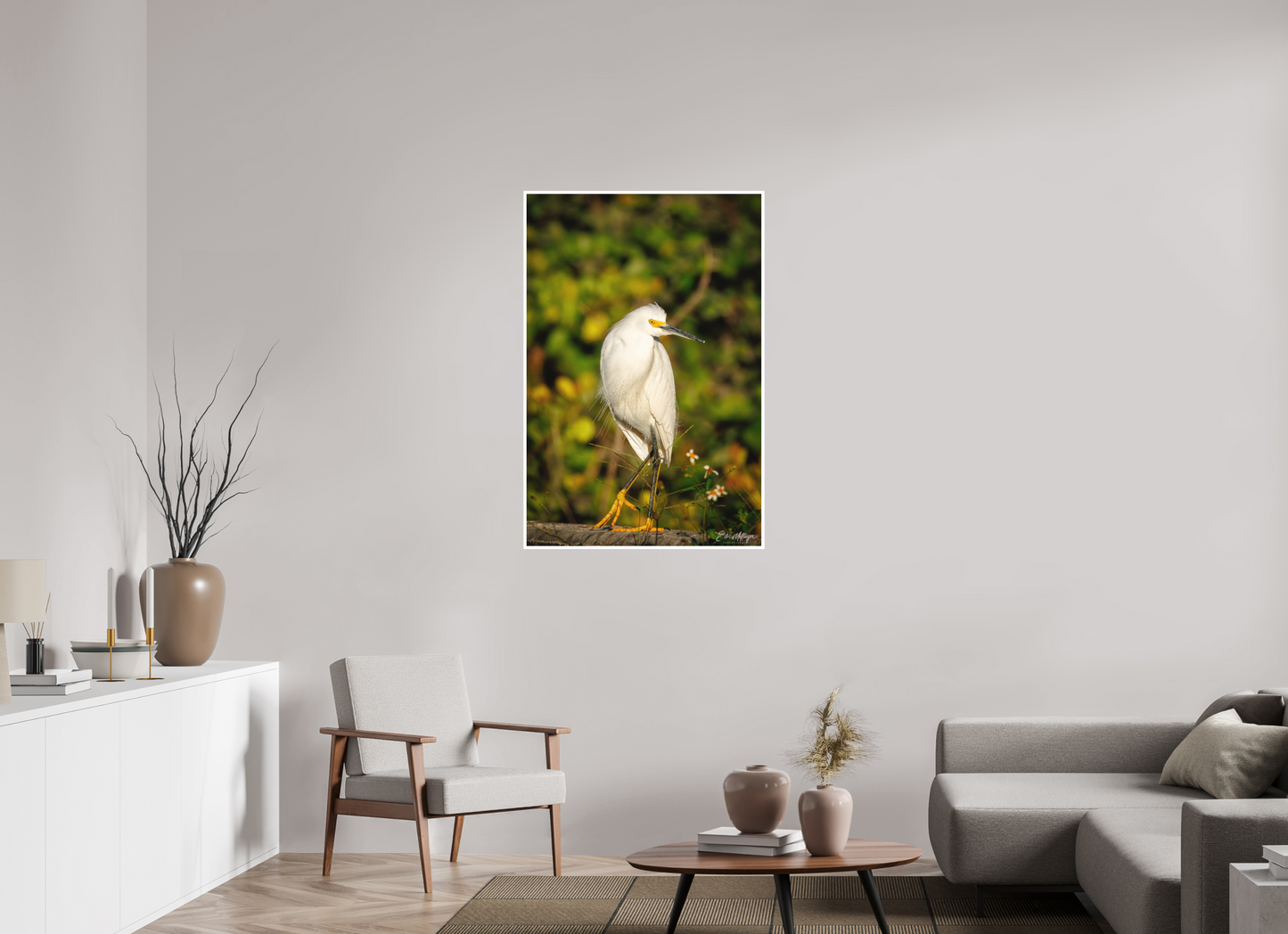 30 x 45″, Fine art print "Golden Light, White Silence" - Great Egret
