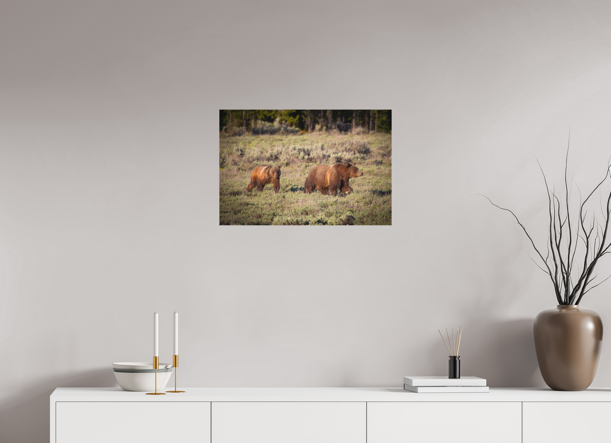 24 x 16″, Canvas "Grizzly 399 & Spirit - Walking the Tetons"