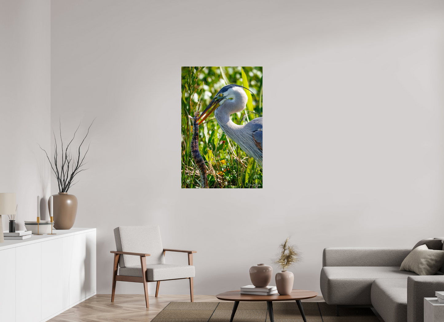 30 x 45″, Acrylic "The Hunt in the Marsh" - Great Blue Heron