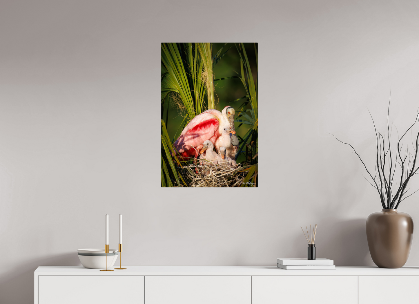 20 x 30″, Metal "Golden Hour Nest" - Spoonbills