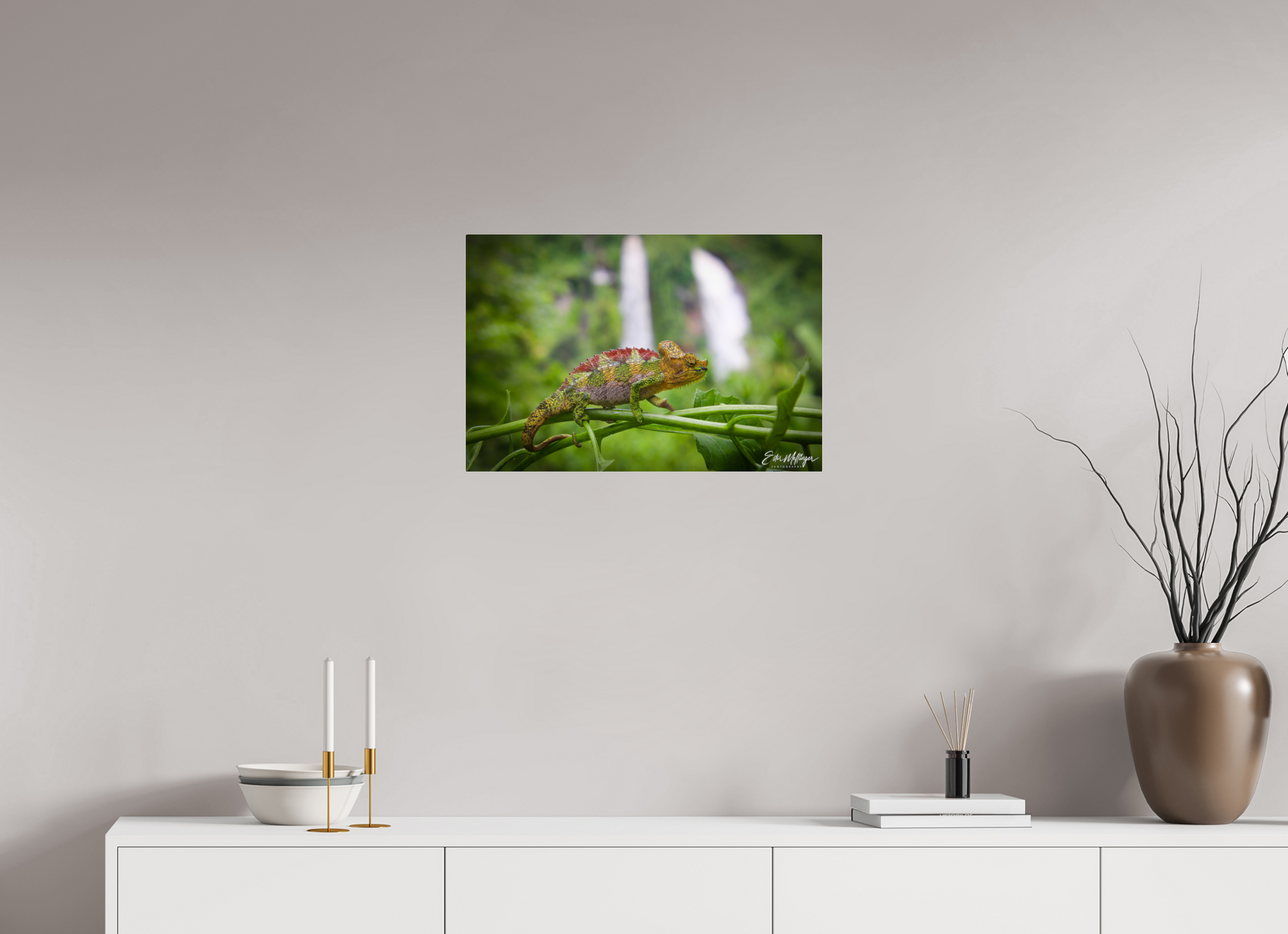 24 x 16″, Acrylic "Guardian of the Falls" - Chameleon in the Rainforest