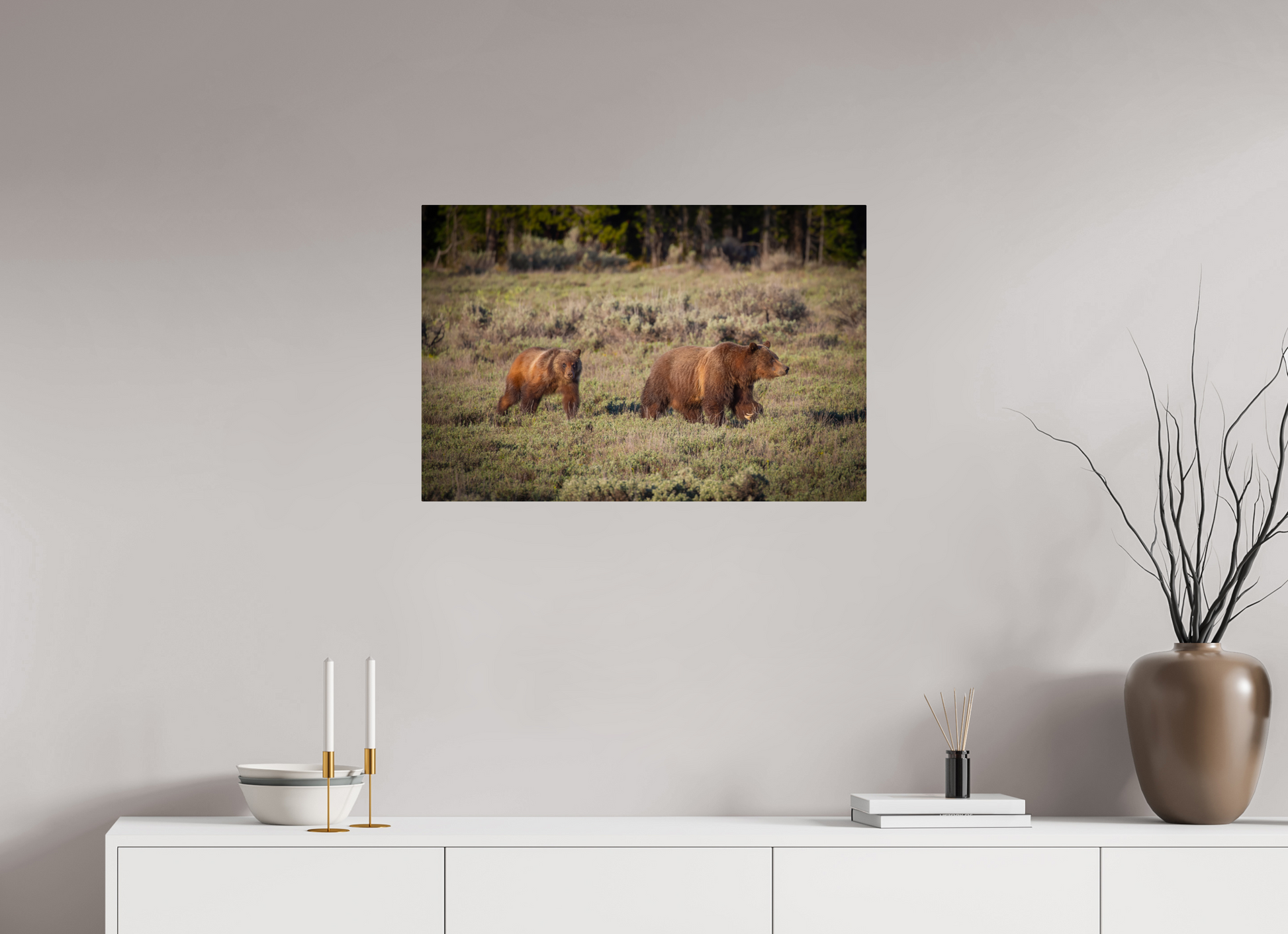 30 x 20″, Metal "Grizzly 399 & Spirit - Walking the Tetons"