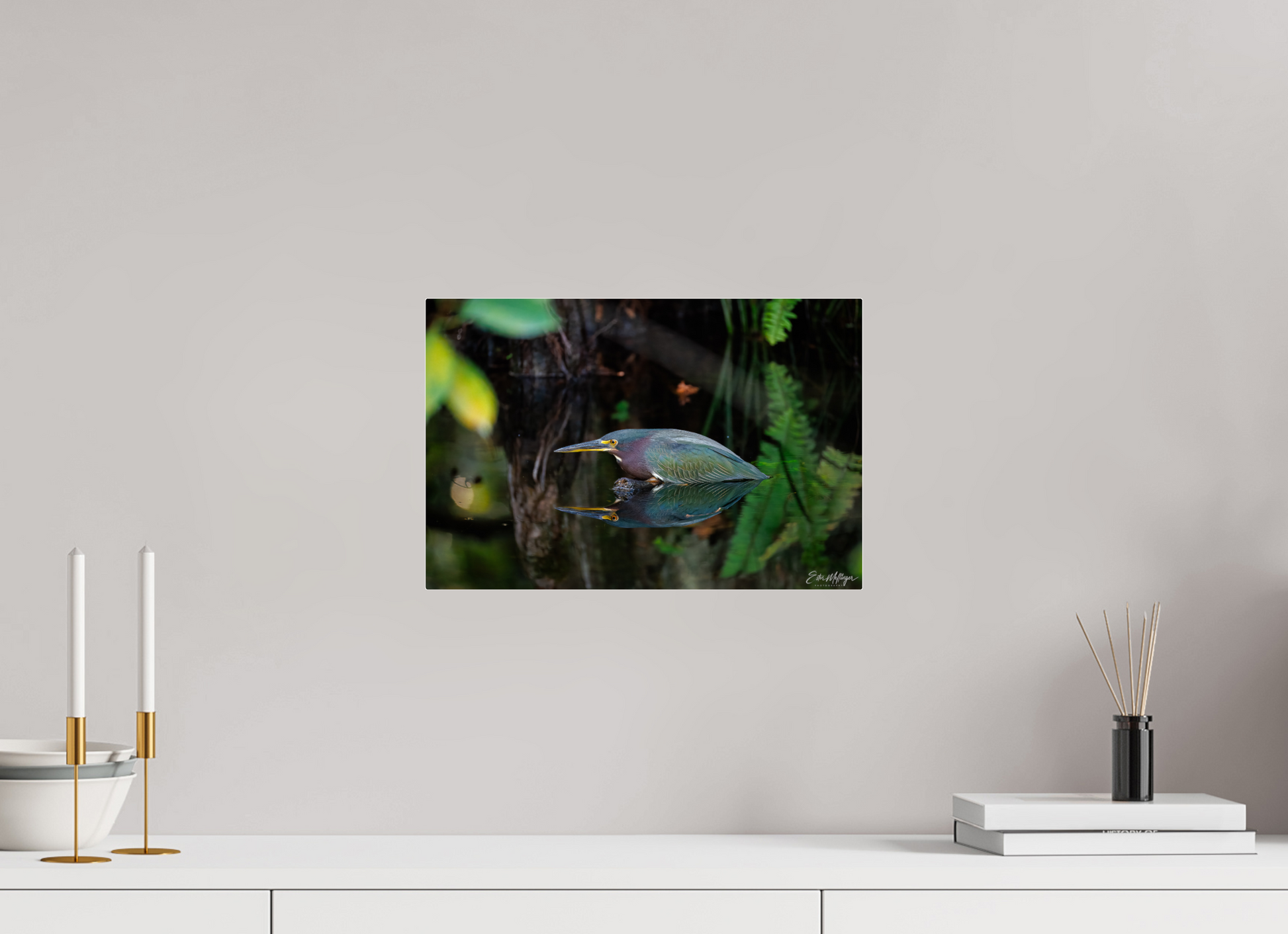 15 x 10″, Acrylic "Reflections in the Cypress" - Green Heron