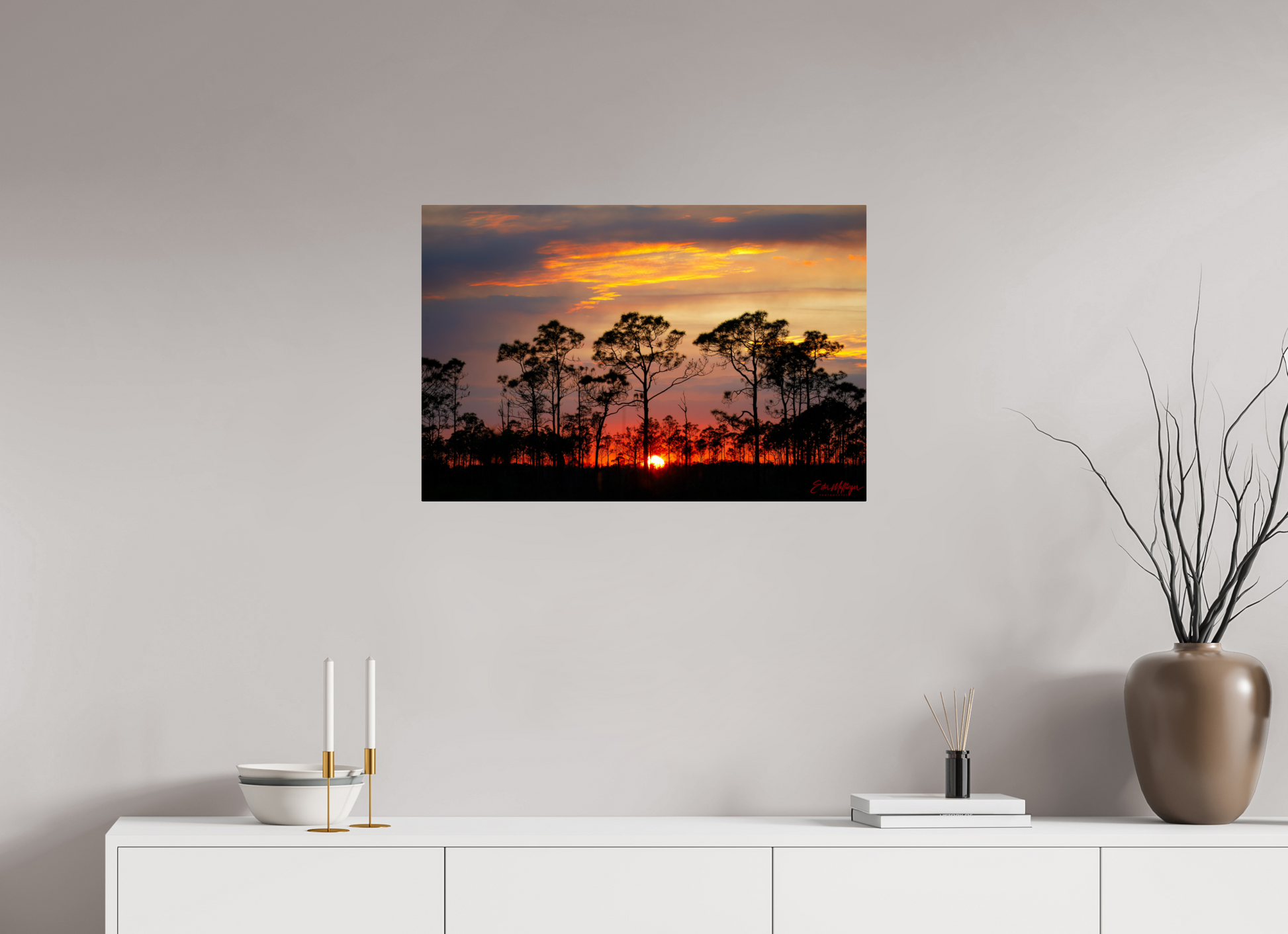 30 x 20″, Metal "Fire in the Pines" - Big Cypress Sunset