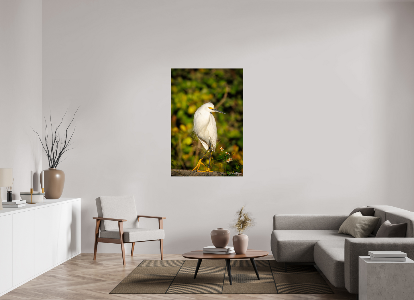 36 x 54″, Metal "Golden Light, White Silence" - Great Egret