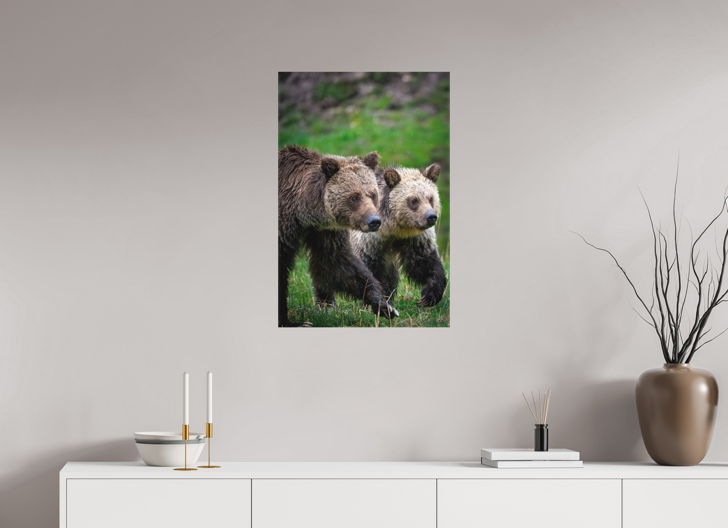 20 x 30″, Canvas "Rainfall Stroll" - Grizzly Bears