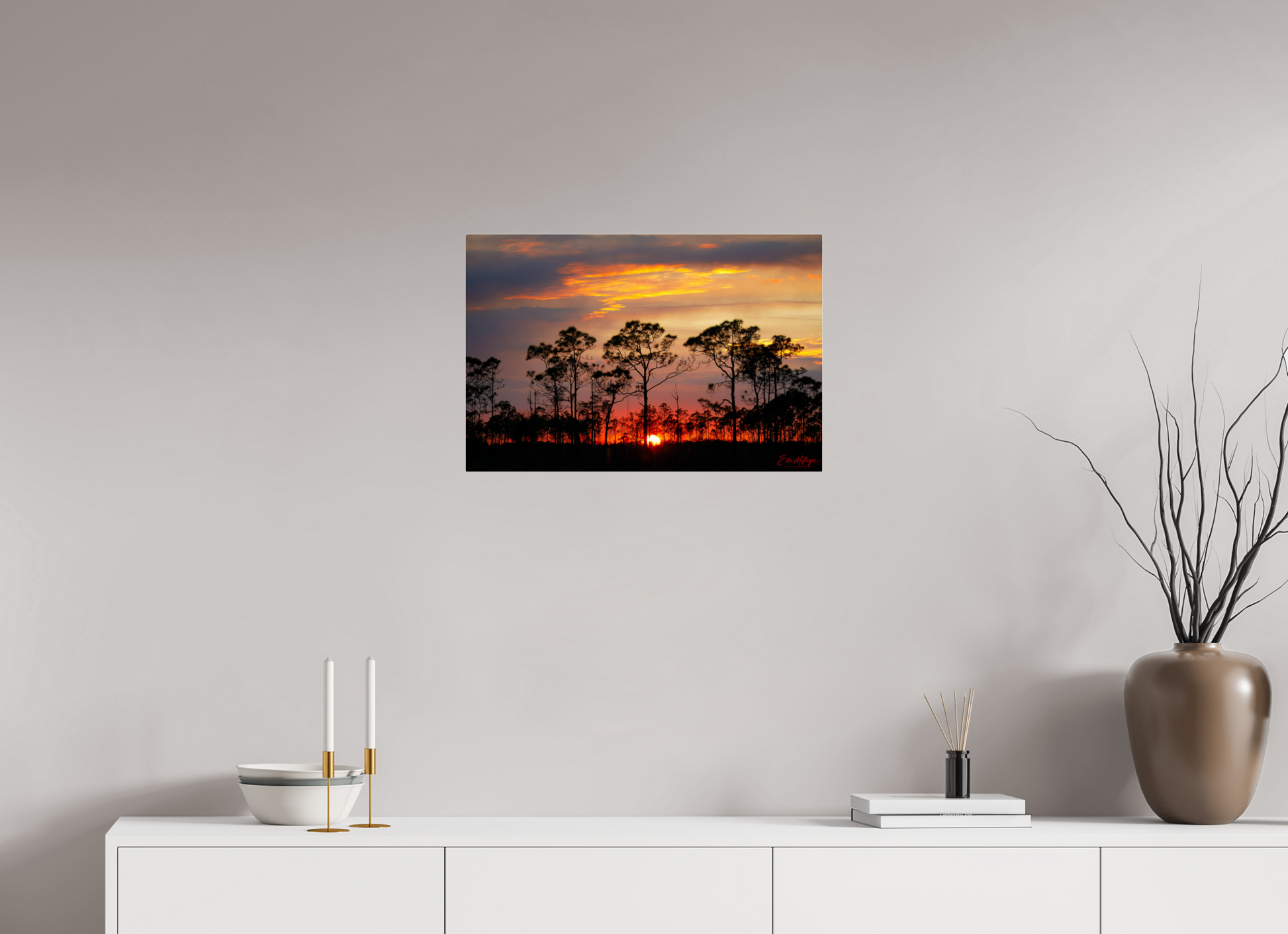 24 x 16″, Acrylic "Fire in the Pines" - Big Cypress Sunset