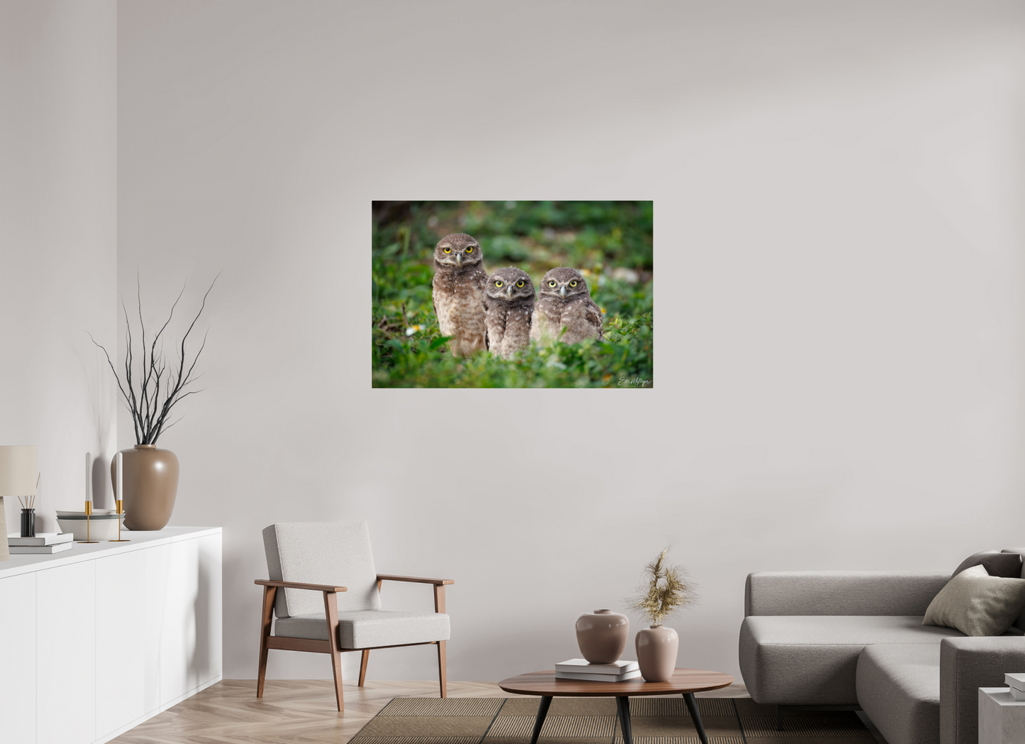 45 x 30″, Metal Three Little Burrowing Owls - Burrowing Owls