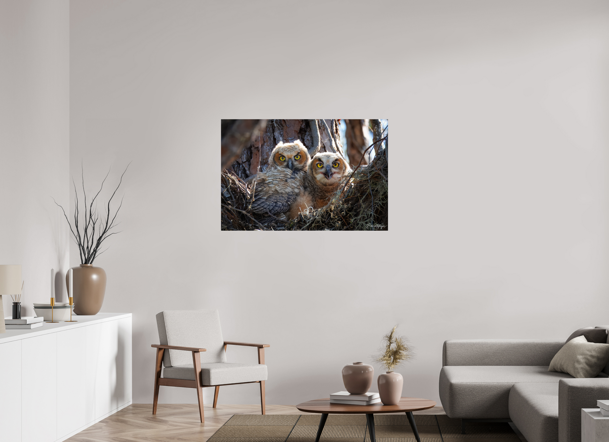 45 x 30″, Acrylic "Hidden in the Pines" - Great Horned Owlets