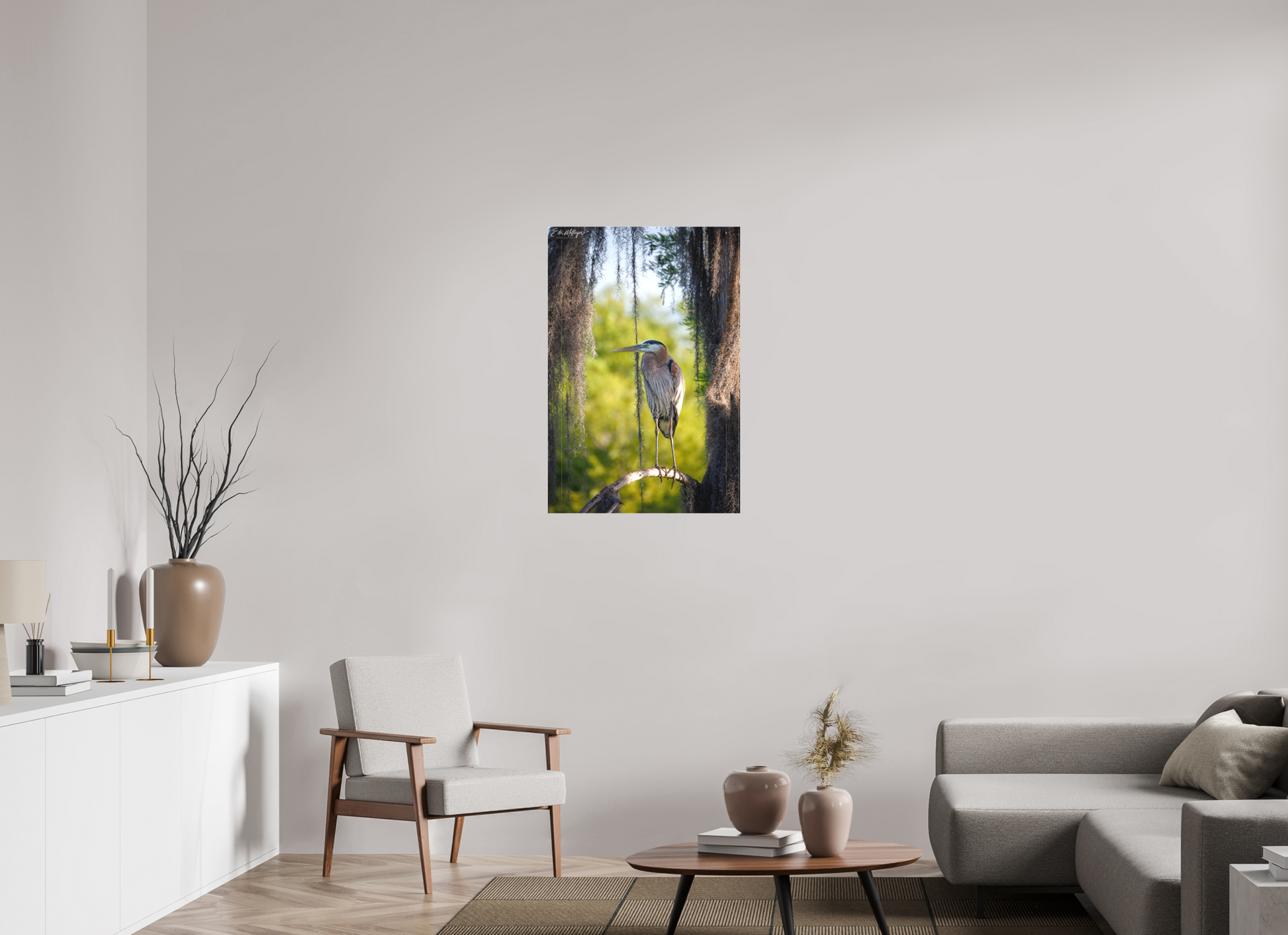 24 x 36″, Canvas "Framed by the Moss" - Great Blue Heron