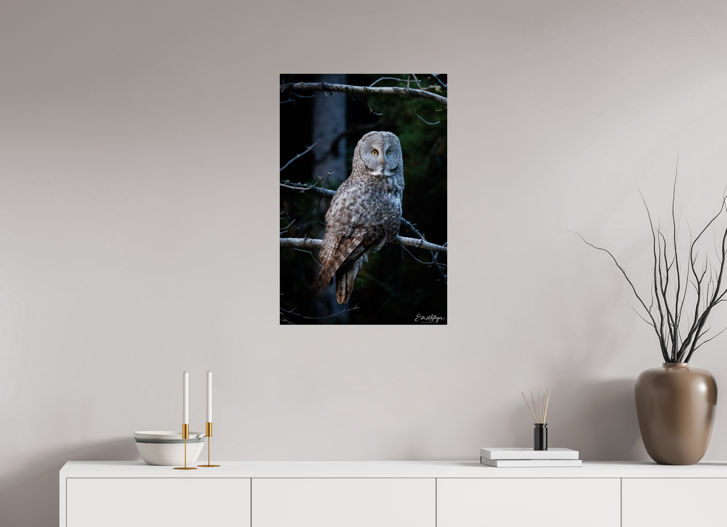 20 x 30″, Metal "Keeper of the Dawn" - Great Grey Owl