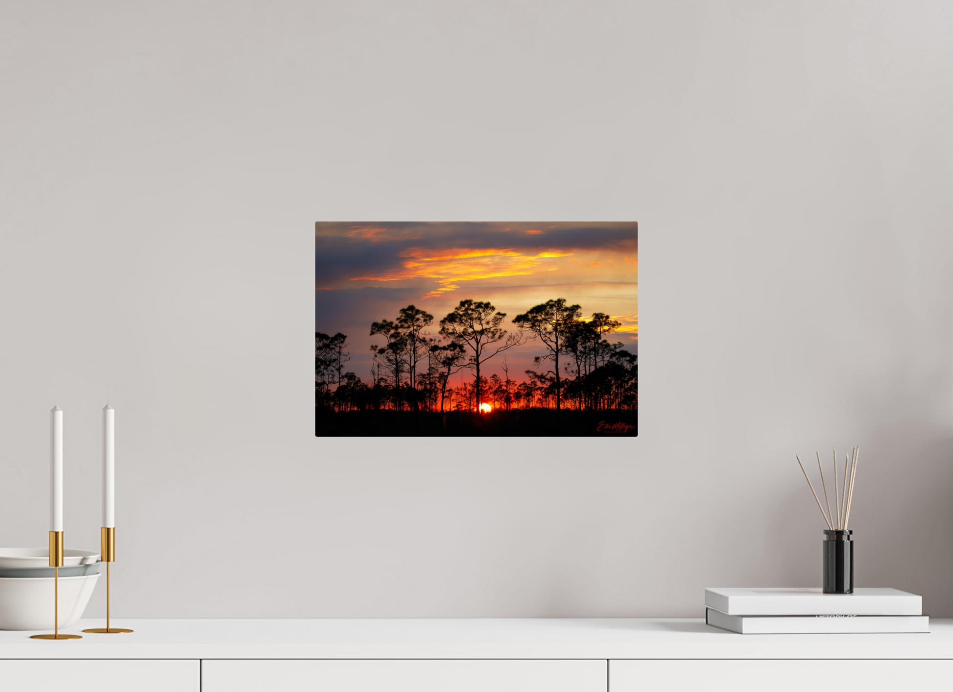 15 x 10″, Metal "Fire in the Pines" - Big Cypress Sunset