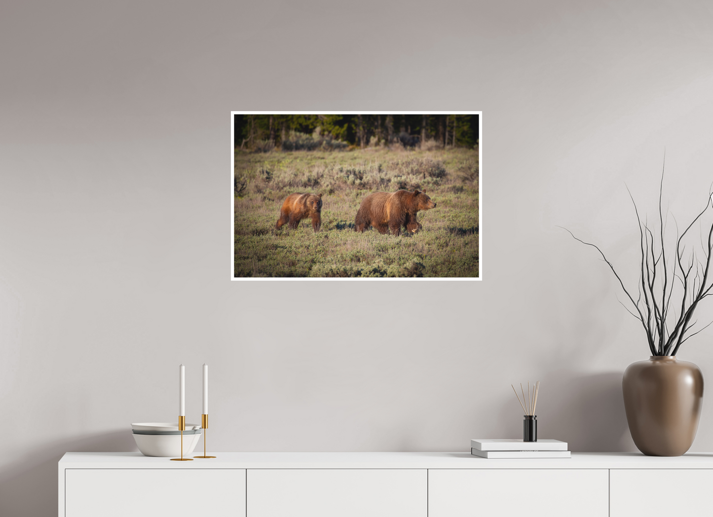 30 x 20″, Fine art print "Grizzly 399 & Spirit - Walking the Tetons"