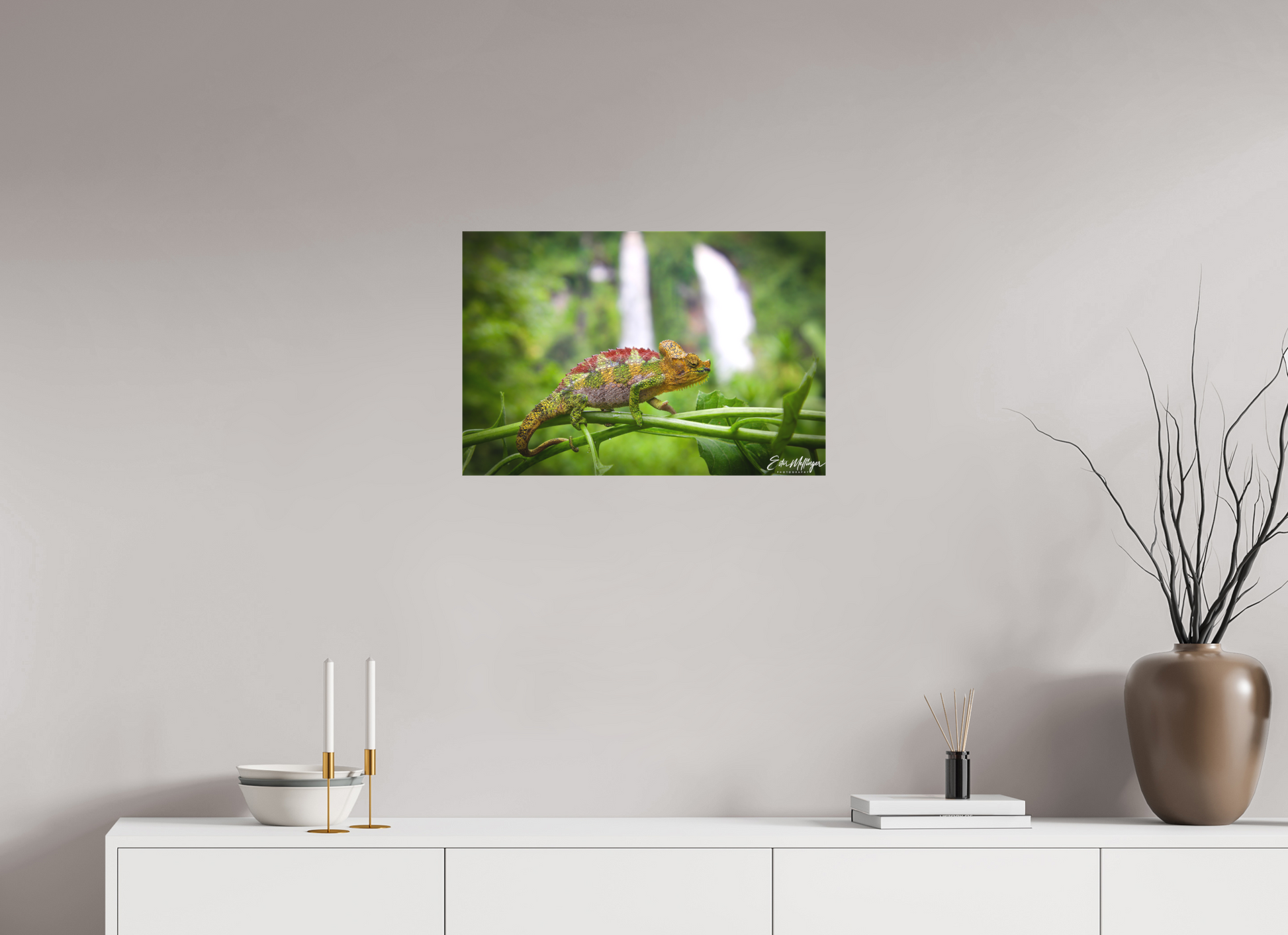 24 x 16″, Canvas "Guardian of the Falls" - Chameleon in the Rainforest
