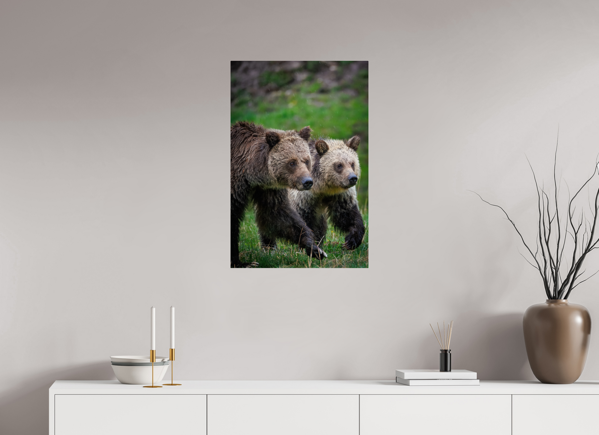 20 x 30″, Acrylic "Rainfall Stroll" - Grizzly Bears