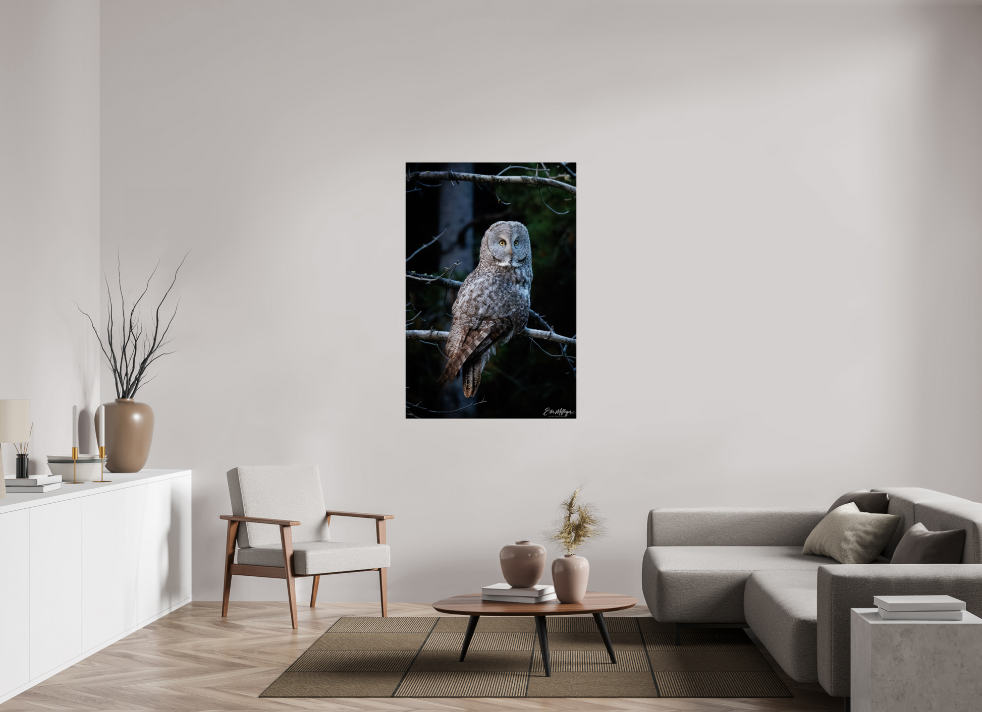 36 x 54″, Acrylic "Keeper of the Dawn" - Great Grey Owl