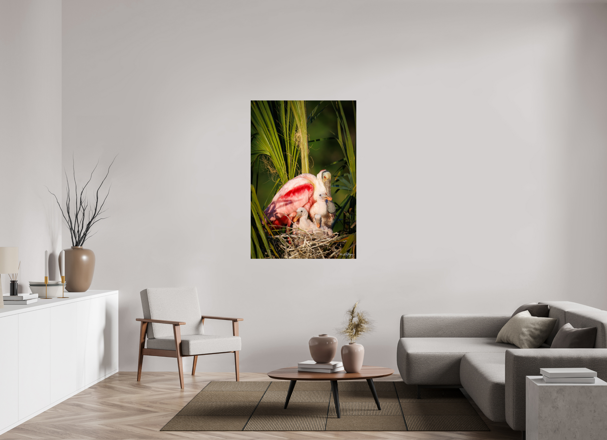 36 x 54″, Metal "Golden Hour Nest" - Spoonbills