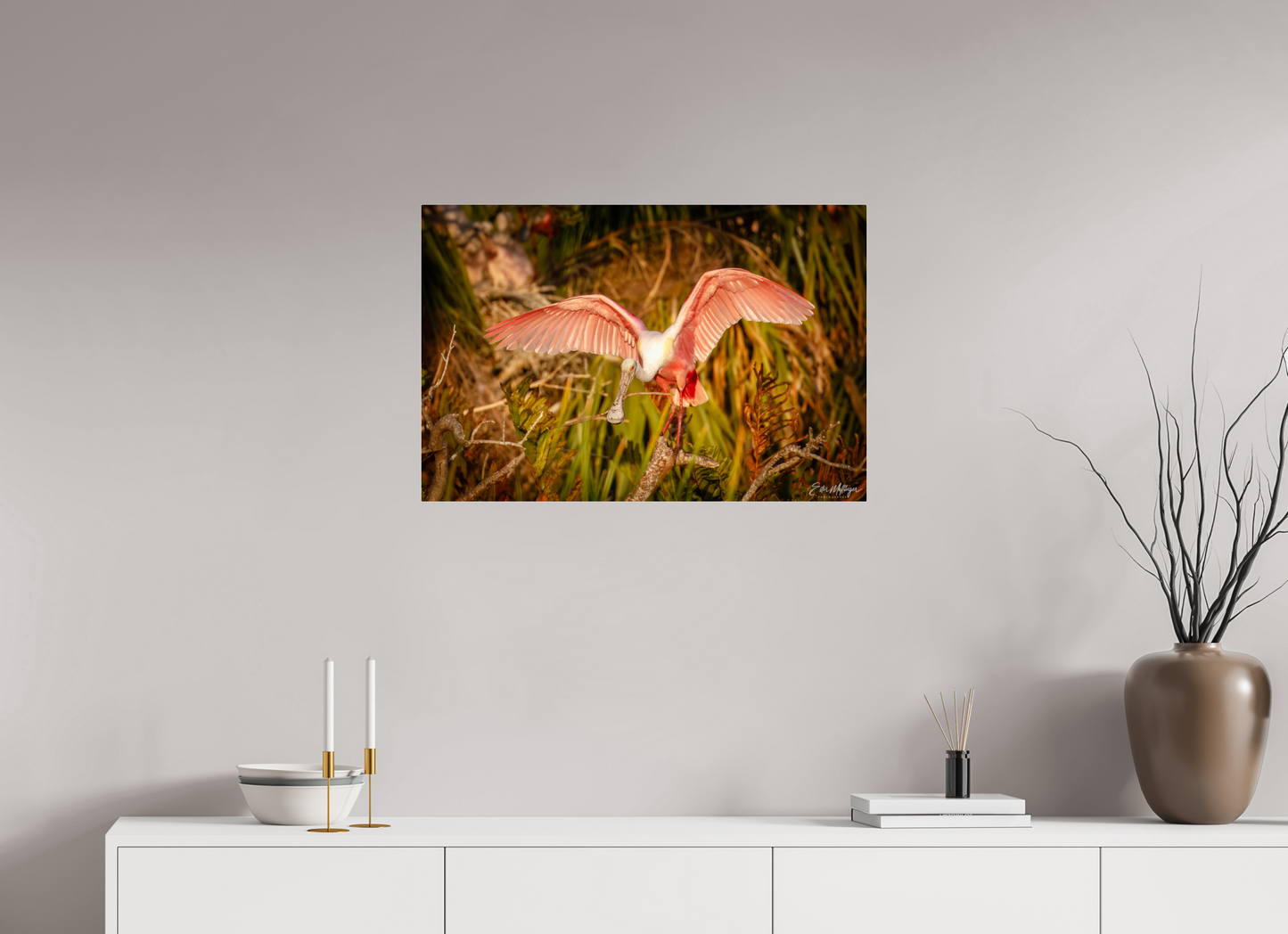 30 x 20″, Acrylic "Golden Builder" - Roseate Spoonbill